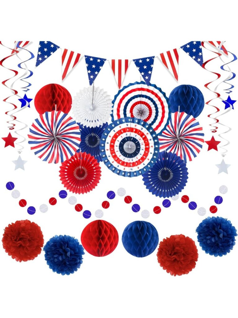 24PCS Red White Blue Patriotic Party Decorations - 4th of July Fans, Pennants